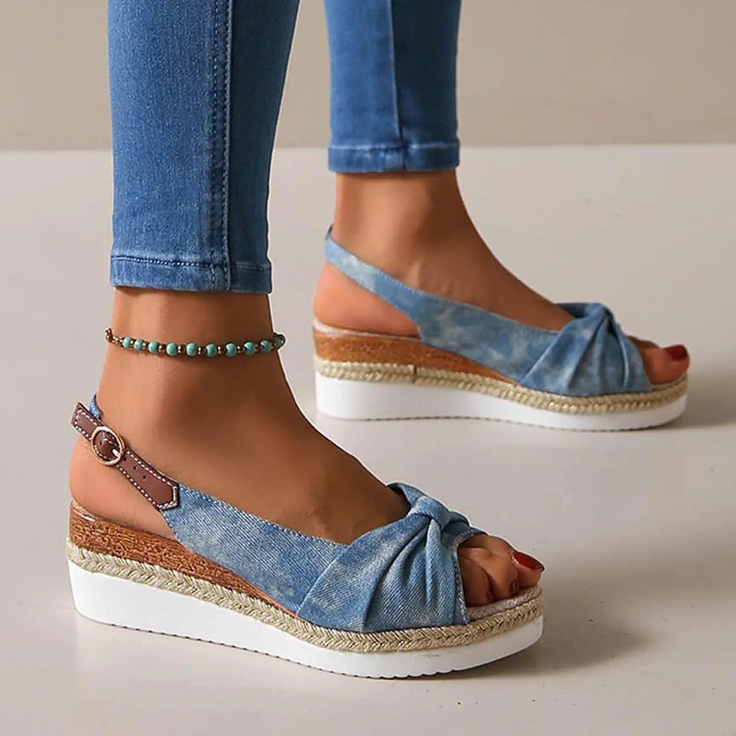 Womens Wedge Sandals Summer Outdoor Camping Walking Beach Sandals Heels Open Toe Tie Lace Up Platform