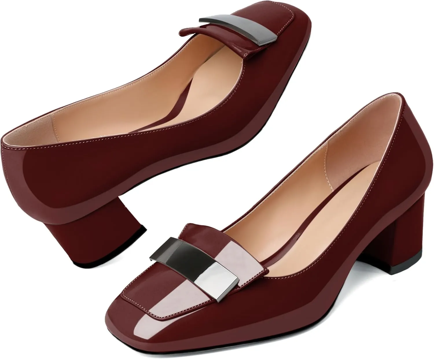 YODEKS Womens Low Block Chunky Heel Slip On Toe Pumps Loafers 2 Inch Square Toe with Metal Bar Comfort Daily Dress Shoes