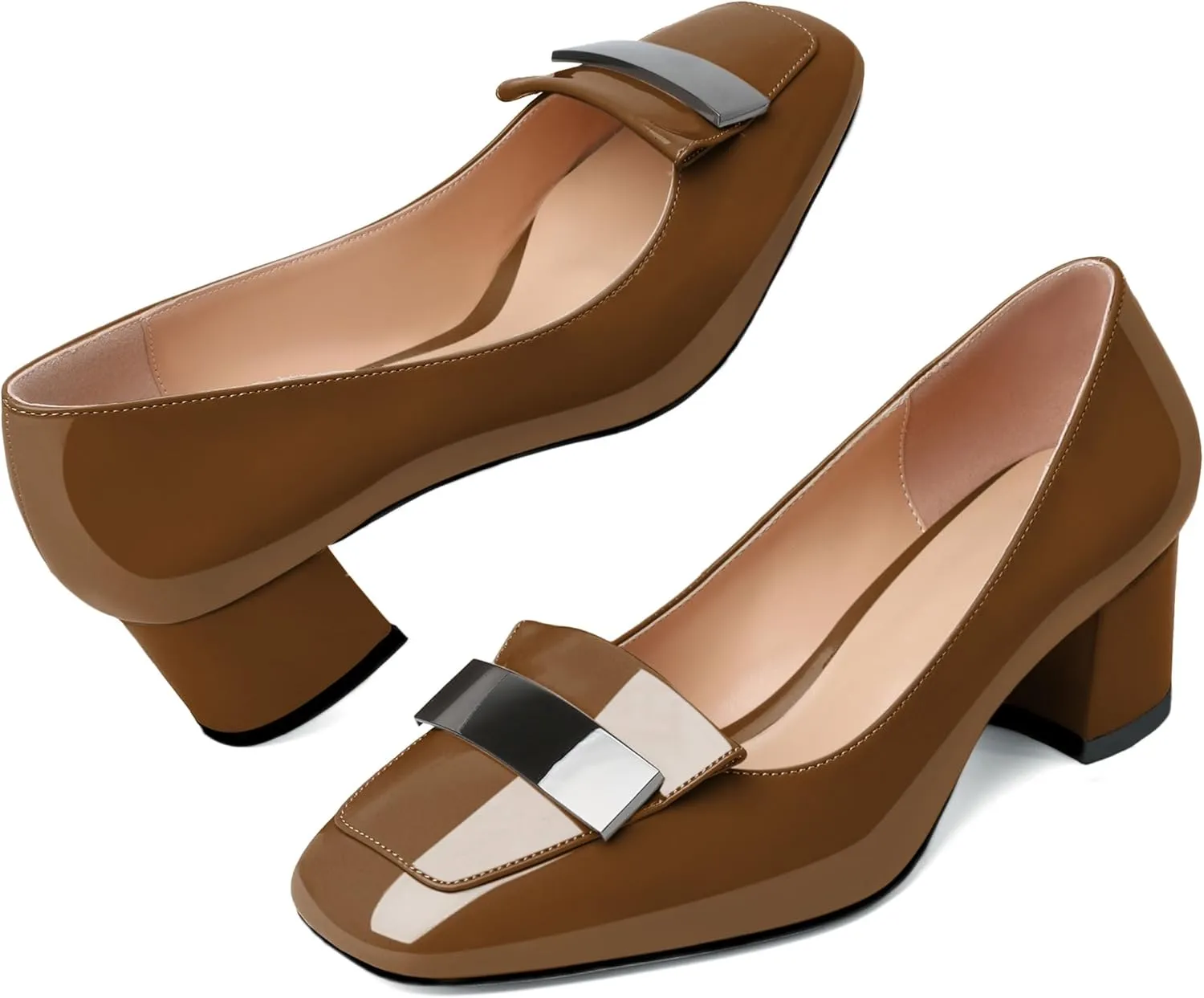 YODEKS Womens Low Block Chunky Heel Slip On Toe Pumps Loafers 2 Inch Square Toe with Metal Bar Comfort Daily Dress Shoes