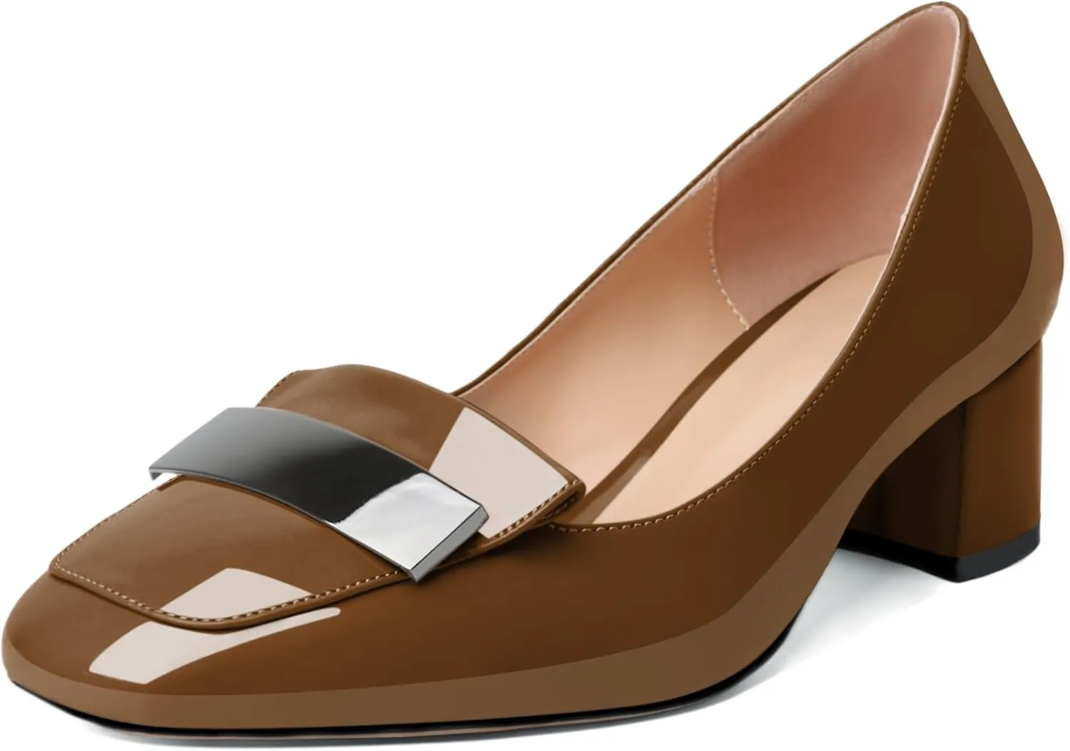 YODEKS Womens Low Block Chunky Heel Slip On Toe Pumps Loafers 2 Inch Square Toe with Metal Bar Comfort Daily Dress Shoes