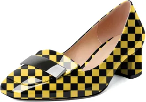 YODEKS Womens Low Block Chunky Heel Slip On Toe Pumps Loafers 2 Inch Square Toe with Metal Bar Comfort Daily Dress Shoes