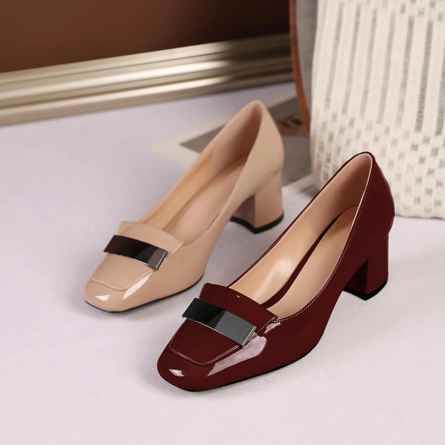 YODEKS Womens Low Block Chunky Heel Slip On Toe Pumps Loafers 2 Inch Square Toe with Metal Bar Comfort Daily Dress Shoes