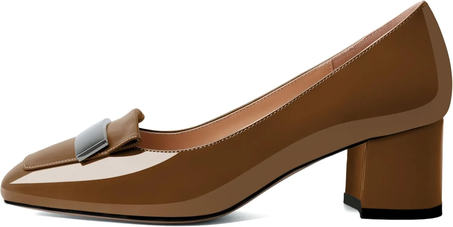 YODEKS Womens Low Block Chunky Heel Slip On Toe Pumps Loafers 2 Inch Square Toe with Metal Bar Comfort Daily Dress Shoes