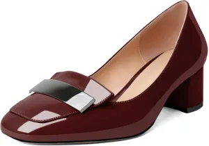 YODEKS Womens Low Block Chunky Heel Slip On Toe Pumps Loafers 2 Inch Square Toe with Metal Bar Comfort Daily Dress Shoes