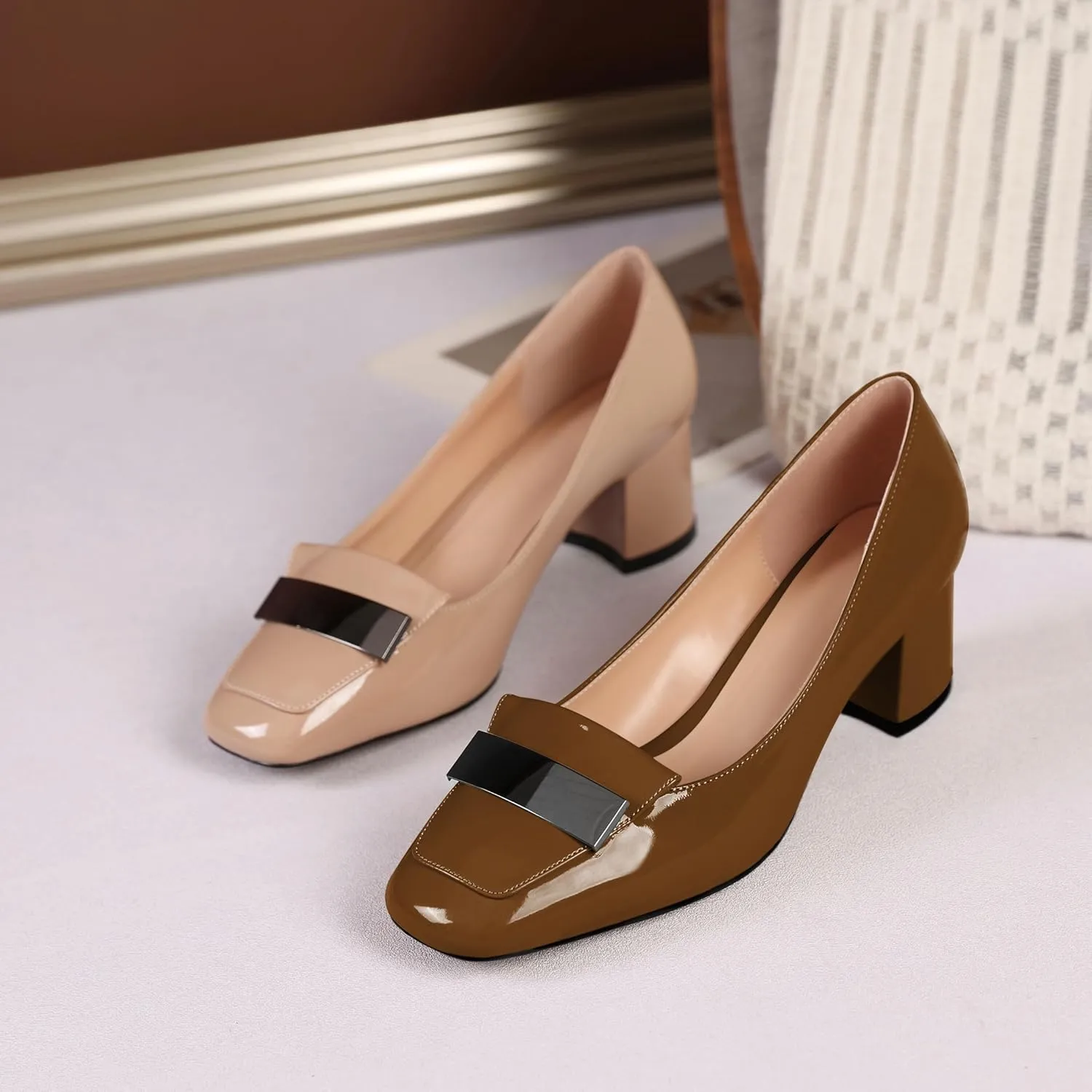 YODEKS Womens Low Block Chunky Heel Slip On Toe Pumps Loafers 2 Inch Square Toe with Metal Bar Comfort Daily Dress Shoes