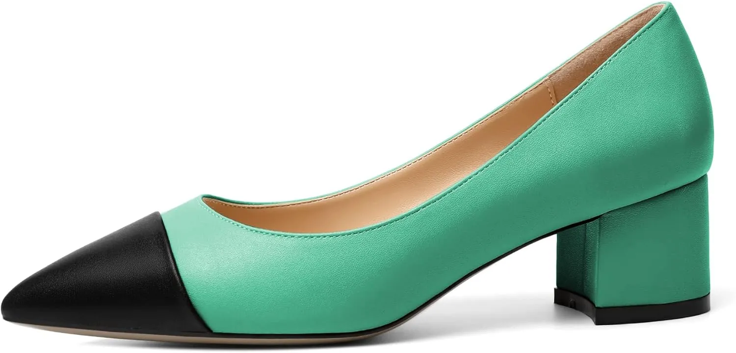 Zamikoo Women's Block Heel Pumps, Pointed Toe Slip on Classic Chunky Low Heel Cap Toe Dress Shoes for Office Wedding Work Evening 2 Inches