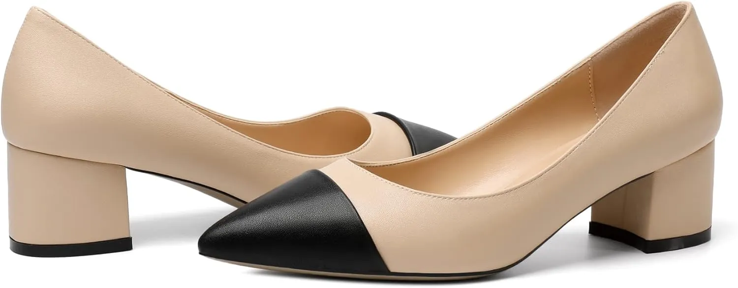 Zamikoo Women's Block Heel Pumps, Pointed Toe Slip on Classic Chunky Low Heel Cap Toe Dress Shoes for Office Wedding Work Evening 2 Inches