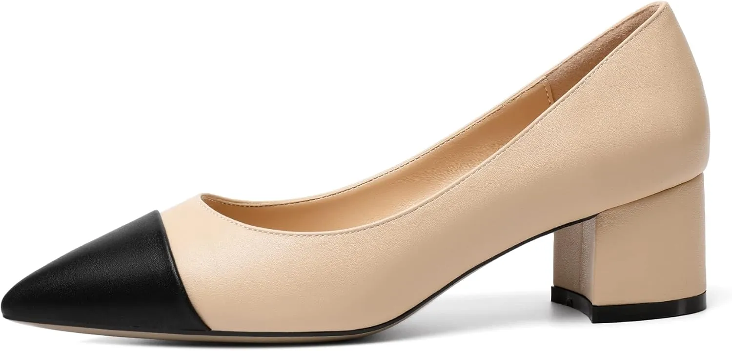 Zamikoo Women's Block Heel Pumps, Pointed Toe Slip on Classic Chunky Low Heel Cap Toe Dress Shoes for Office Wedding Work Evening 2 Inches