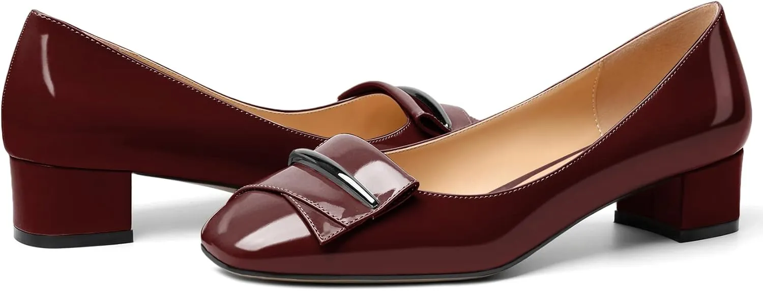 Zamikoo Women's Block Heel Pumps, Square Toe Slip-on Chunky Low Heels, Heeled Dress Shoes with Bow for Office Wedding Work Evening 1.5 Inches