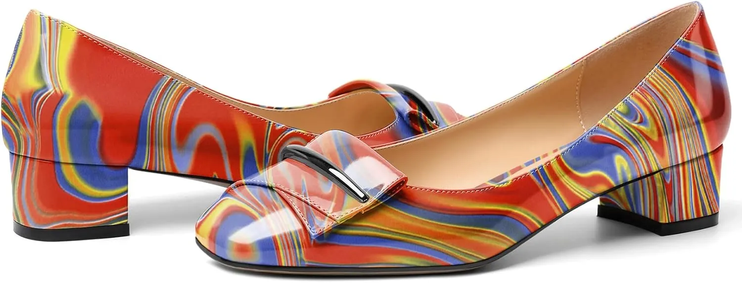 Zamikoo Women's Block Heel Pumps, Square Toe Slip-on Chunky Low Heels, Heeled Dress Shoes with Bow for Office Wedding Work Evening 1.5 Inches