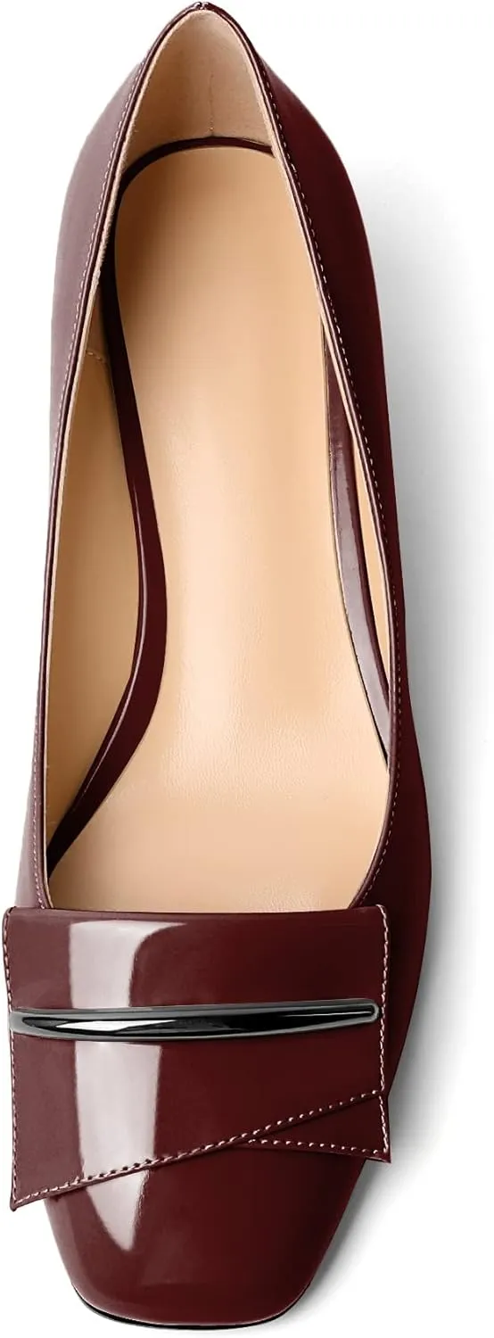 Zamikoo Women's Block Heel Pumps, Square Toe Slip-on Chunky Low Heels, Heeled Dress Shoes with Bow for Office Wedding Work Evening 1.5 Inches