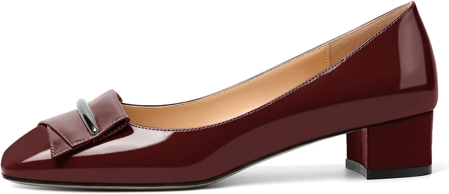 Zamikoo Women's Block Heel Pumps, Square Toe Slip-on Chunky Low Heels, Heeled Dress Shoes with Bow for Office Wedding Work Evening 1.5 Inches