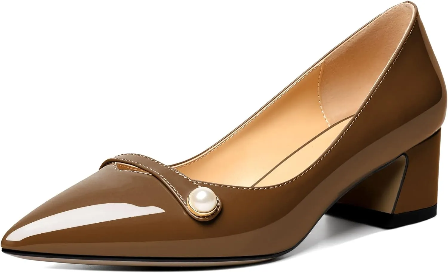 Zamikoo Women's Pointed Toe Block Heel Pumps, Slip-on Low Chunky Heels, Comfortable Heeled Dress Shoes with Pearl Strap for Wedding Party Office 2 Inches
