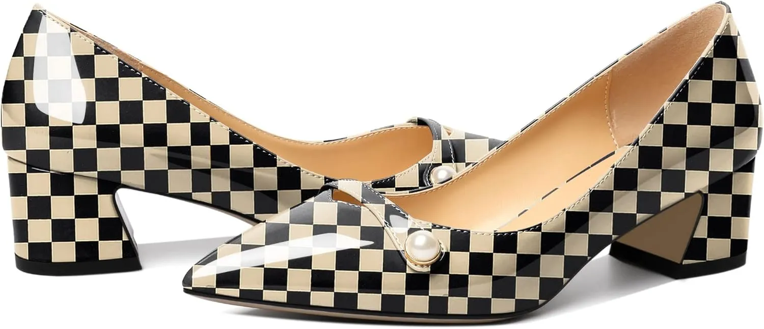 Zamikoo Women's Pointed Toe Block Heel Pumps, Slip-on Low Chunky Heels, Comfortable Heeled Dress Shoes with Pearl Strap for Wedding Party Office 2 Inches