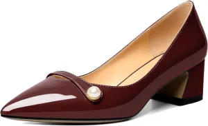 Zamikoo Women's Pointed Toe Block Heel Pumps, Slip-on Low Chunky Heels, Comfortable Heeled Dress Shoes with Pearl Strap for Wedding Party Office 2 Inches