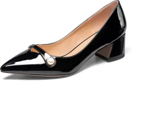 Zamikoo Women's Pointed Toe Block Heel Pumps, Slip-on Low Chunky Heels, Comfortable Heeled Dress Shoes with Pearl Strap for Wedding Party Office 2 Inches