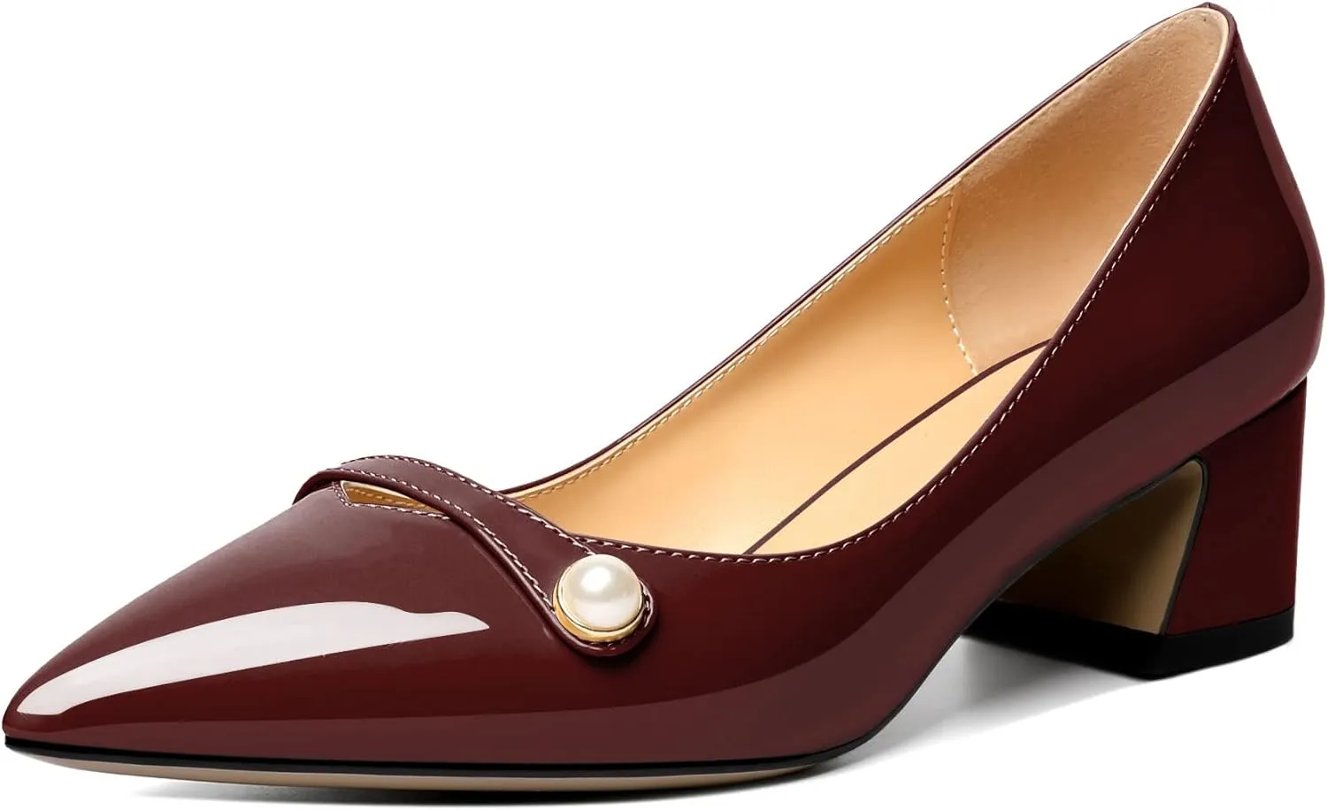 Zamikoo Women's Pointed Toe Block Heel Pumps, Slip-on Low Chunky Heels, Comfortable Heeled Dress Shoes with Pearl Strap for Wedding Party Office 2 Inches