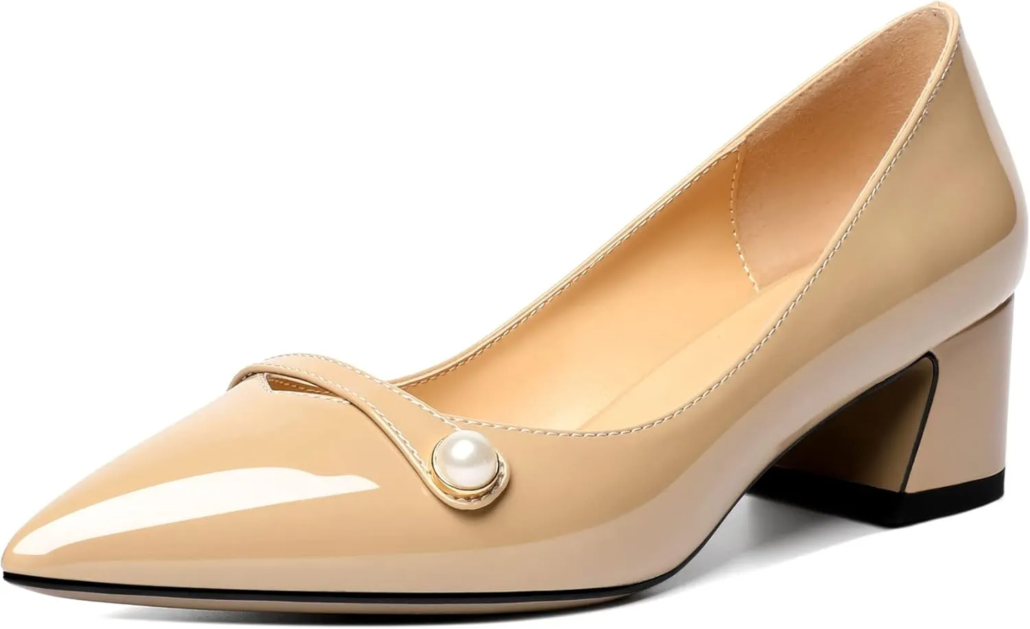 Zamikoo Women's Pointed Toe Block Heel Pumps, Slip-on Low Chunky Heels, Comfortable Heeled Dress Shoes with Pearl Strap for Wedding Party Office 2 Inches