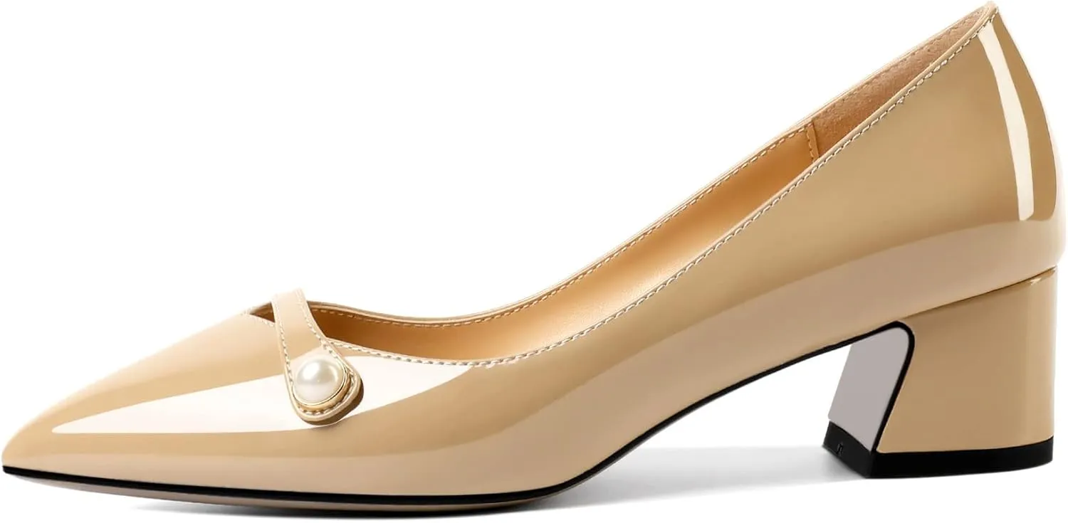 Zamikoo Women's Pointed Toe Block Heel Pumps, Slip-on Low Chunky Heels, Comfortable Heeled Dress Shoes with Pearl Strap for Wedding Party Office 2 Inches