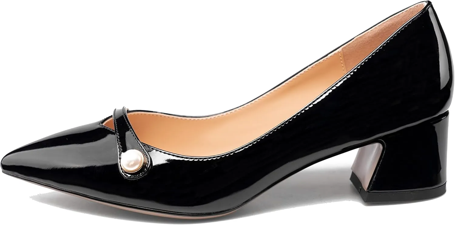 Zamikoo Women's Pointed Toe Block Heel Pumps, Slip-on Low Chunky Heels, Comfortable Heeled Dress Shoes with Pearl Strap for Wedding Party Office 2 Inches