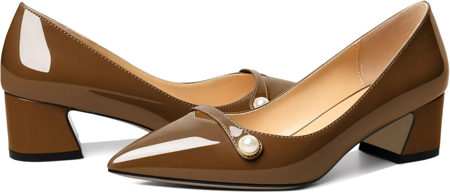 Zamikoo Women's Pointed Toe Block Heel Pumps, Slip-on Low Chunky Heels, Comfortable Heeled Dress Shoes with Pearl Strap for Wedding Party Office 2 Inches