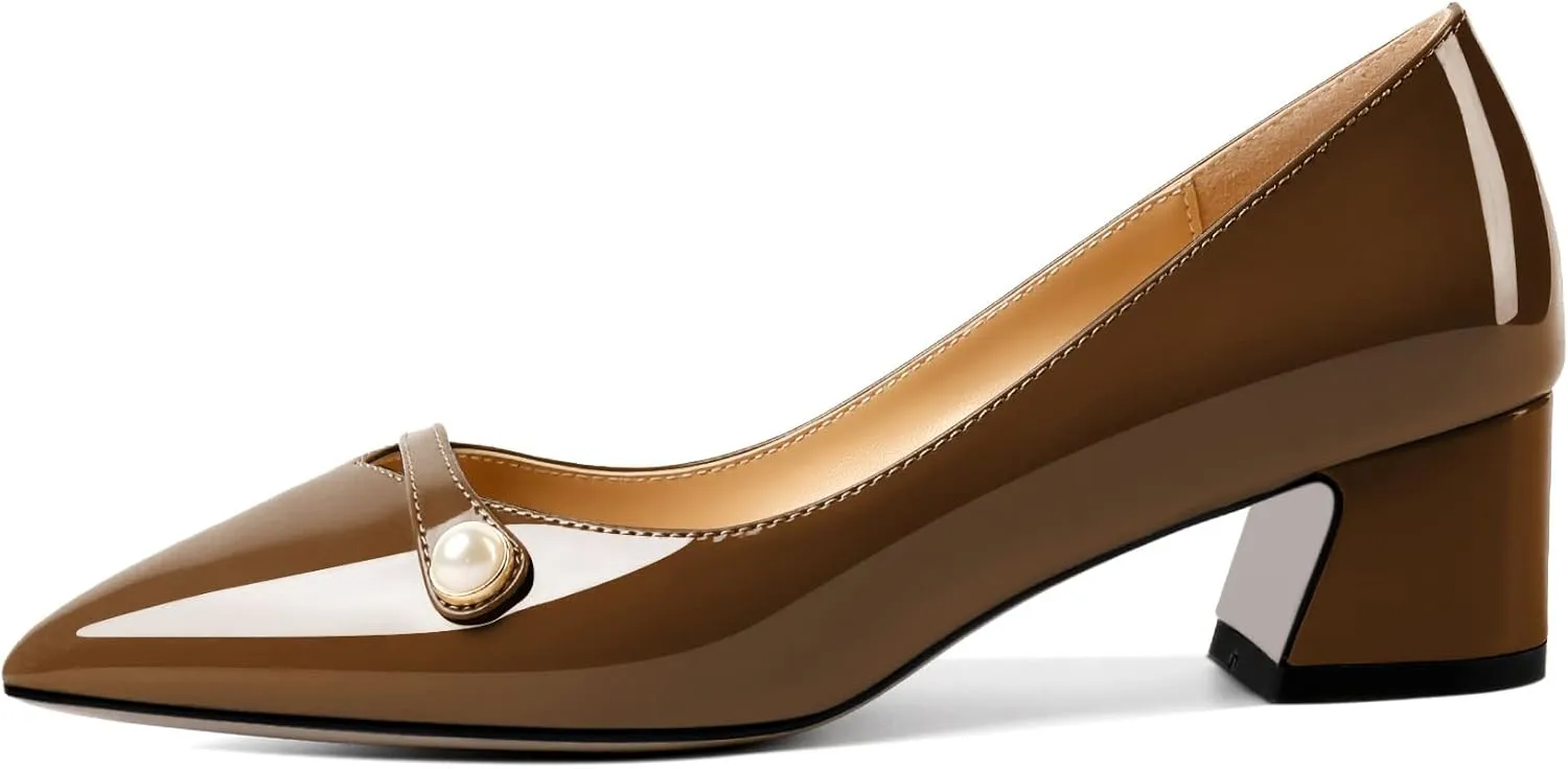 Zamikoo Women's Pointed Toe Block Heel Pumps, Slip-on Low Chunky Heels, Comfortable Heeled Dress Shoes with Pearl Strap for Wedding Party Office 2 Inches
