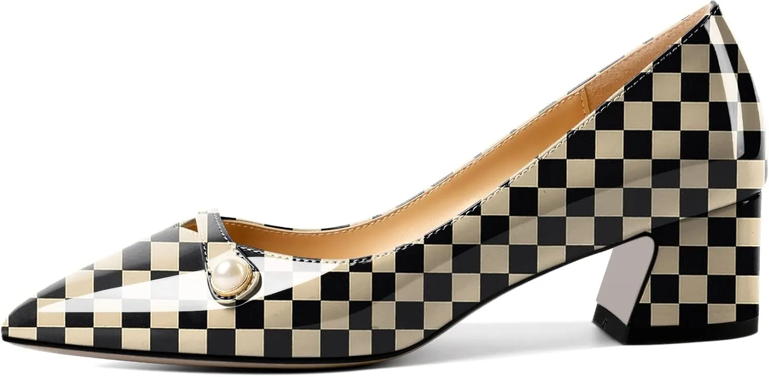 Zamikoo Women's Pointed Toe Block Heel Pumps, Slip-on Low Chunky Heels, Comfortable Heeled Dress Shoes with Pearl Strap for Wedding Party Office 2 Inches