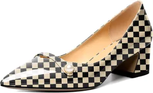Zamikoo Women's Pointed Toe Block Heel Pumps, Slip-on Low Chunky Heels, Comfortable Heeled Dress Shoes with Pearl Strap for Wedding Party Office 2 Inches