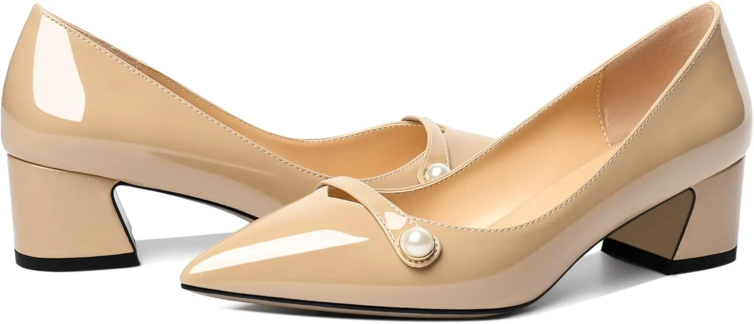 Zamikoo Women's Pointed Toe Block Heel Pumps, Slip-on Low Chunky Heels, Comfortable Heeled Dress Shoes with Pearl Strap for Wedding Party Office 2 Inches
