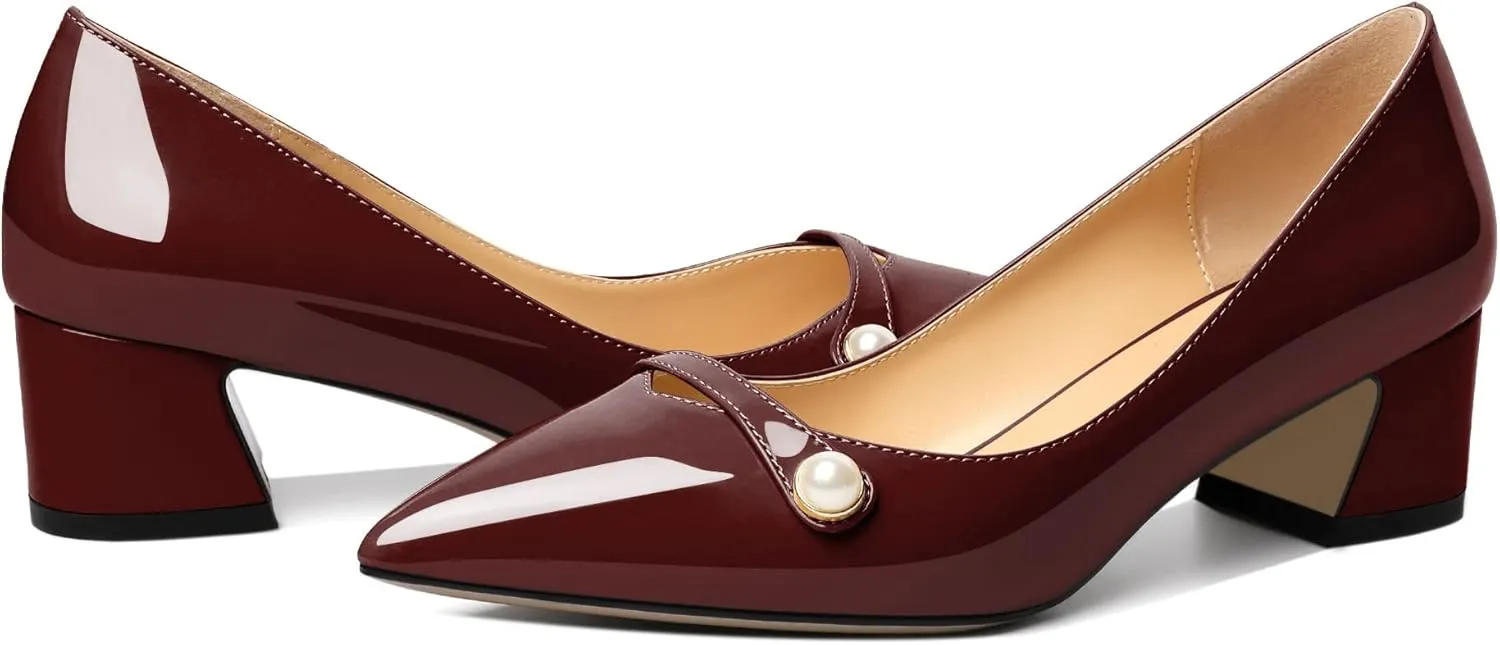 Zamikoo Women's Pointed Toe Block Heel Pumps, Slip-on Low Chunky Heels, Comfortable Heeled Dress Shoes with Pearl Strap for Wedding Party Office 2 Inches