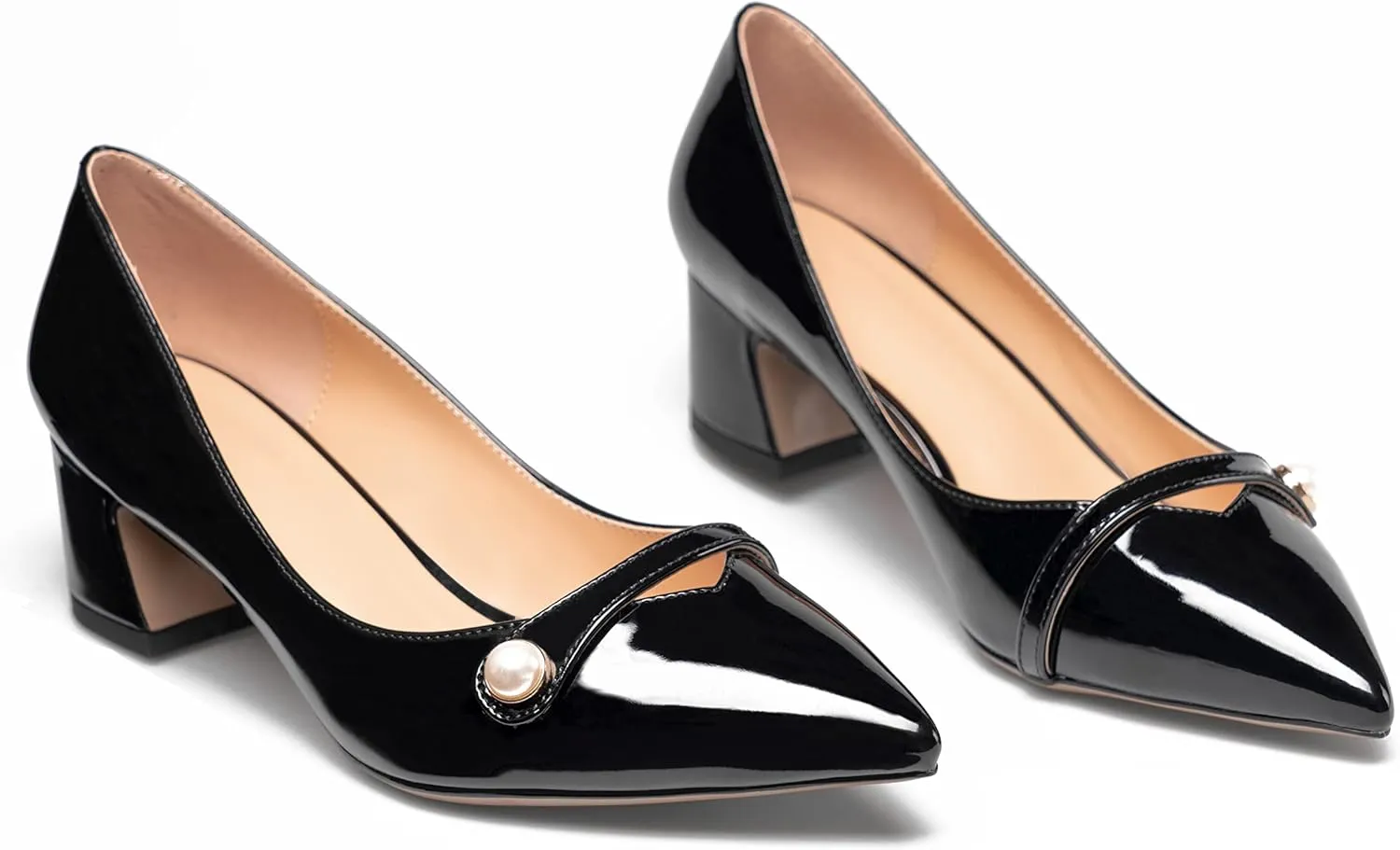 Zamikoo Women's Pointed Toe Block Heel Pumps, Slip-on Low Chunky Heels, Comfortable Heeled Dress Shoes with Pearl Strap for Wedding Party Office 2 Inches