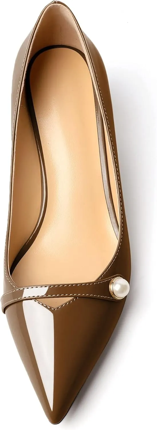Zamikoo Women's Pointed Toe Block Heel Pumps, Slip-on Low Chunky Heels, Comfortable Heeled Dress Shoes with Pearl Strap for Wedding Party Office 2 Inches