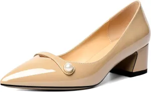 Zamikoo Women's Pointed Toe Block Heel Pumps, Slip-on Low Chunky Heels, Comfortable Heeled Dress Shoes with Pearl Strap for Wedding Party Office 2 Inches