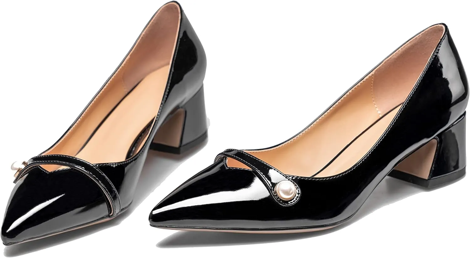Zamikoo Women's Pointed Toe Block Heel Pumps, Slip-on Low Chunky Heels, Comfortable Heeled Dress Shoes with Pearl Strap for Wedding Party Office 2 Inches