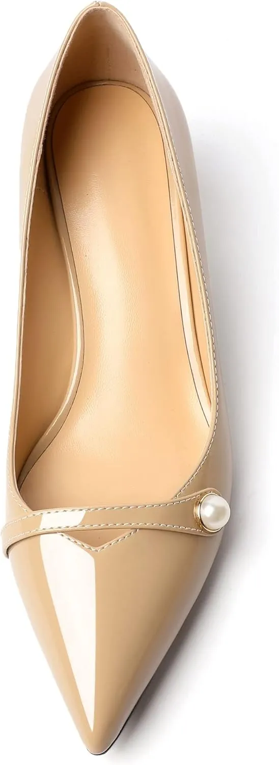 Zamikoo Women's Pointed Toe Block Heel Pumps, Slip-on Low Chunky Heels, Comfortable Heeled Dress Shoes with Pearl Strap for Wedding Party Office 2 Inches