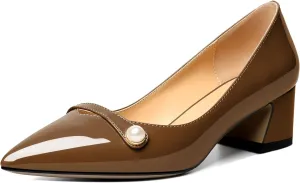 Zamikoo Women's Pointed Toe Block Heel Pumps, Slip-on Low Chunky Heels, Comfortable Heeled Dress Shoes with Pearl Strap for Wedding Party Office 2 Inches
