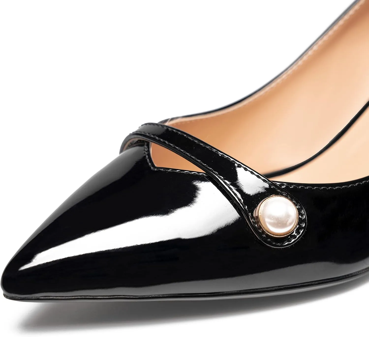 Zamikoo Women's Pointed Toe Block Heel Pumps, Slip-on Low Chunky Heels, Comfortable Heeled Dress Shoes with Pearl Strap for Wedding Party Office 2 Inches