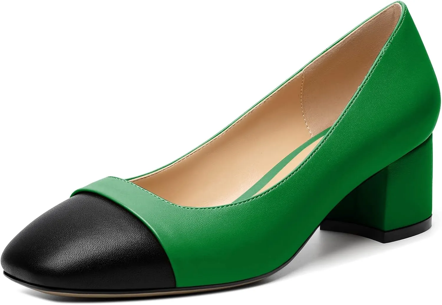 Zamikoo Women's Square Toe Block Heel Pumps, Slip on Chunky Low Heels, Cap Toe Classic Dress Shoes for Office Wedding Event Evening 2 Inches