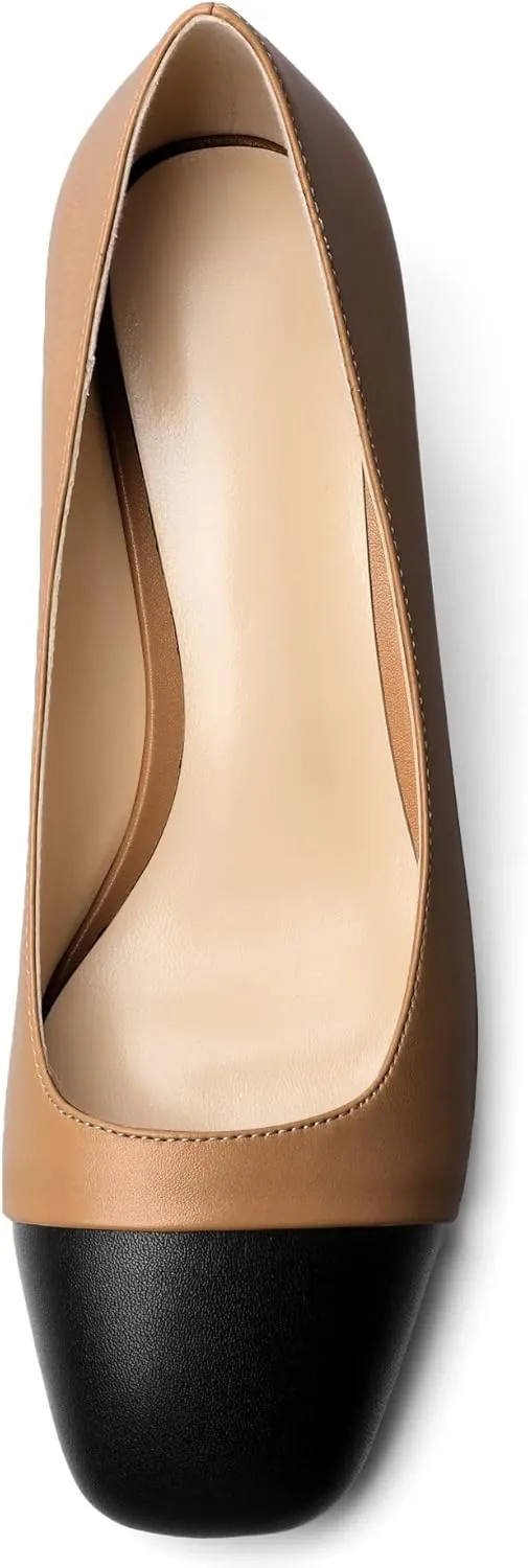 Zamikoo Women's Square Toe Block Heel Pumps, Slip on Chunky Low Heels, Cap Toe Classic Dress Shoes for Office Wedding Event Evening 2 Inches