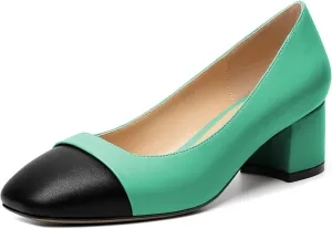 Zamikoo Women's Square Toe Block Heel Pumps, Slip on Chunky Low Heels, Cap Toe Classic Dress Shoes for Office Wedding Event Evening 2 Inches