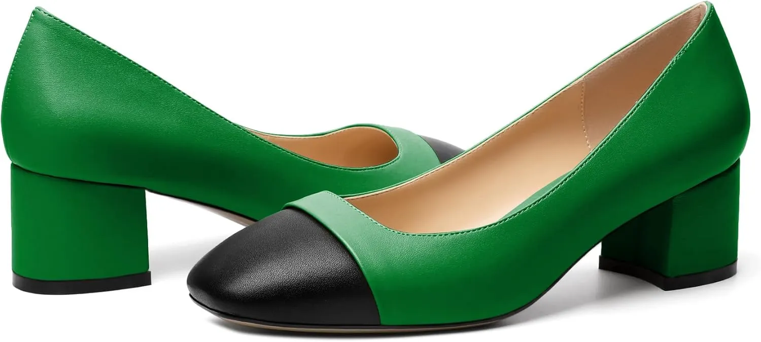 Zamikoo Women's Square Toe Block Heel Pumps, Slip on Chunky Low Heels, Cap Toe Classic Dress Shoes for Office Wedding Event Evening 2 Inches