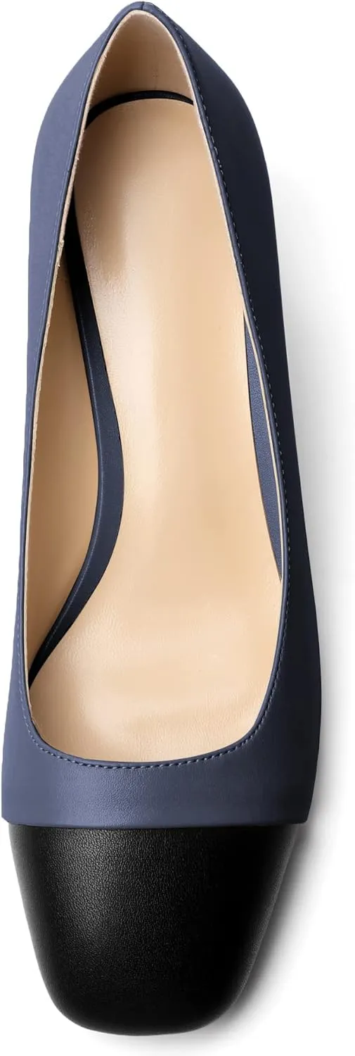 Zamikoo Women's Square Toe Block Heel Pumps, Slip on Chunky Low Heels, Cap Toe Classic Dress Shoes for Office Wedding Event Evening 2 Inches