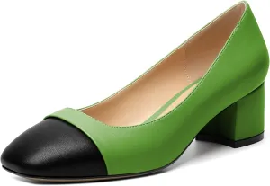 Zamikoo Women's Square Toe Block Heel Pumps, Slip on Chunky Low Heels, Cap Toe Classic Dress Shoes for Office Wedding Event Evening 2 Inches