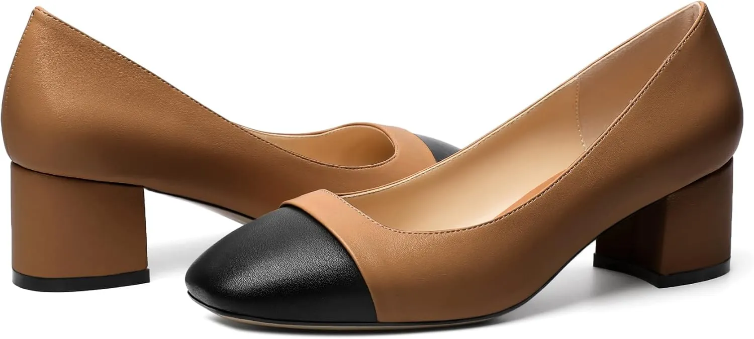 Zamikoo Women's Square Toe Block Heel Pumps, Slip on Chunky Low Heels, Cap Toe Classic Dress Shoes for Office Wedding Event Evening 2 Inches