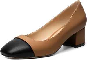 Zamikoo Women's Square Toe Block Heel Pumps, Slip on Chunky Low Heels, Cap Toe Classic Dress Shoes for Office Wedding Event Evening 2 Inches