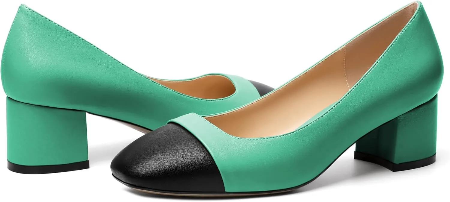 Zamikoo Women's Square Toe Block Heel Pumps, Slip on Chunky Low Heels, Cap Toe Classic Dress Shoes for Office Wedding Event Evening 2 Inches