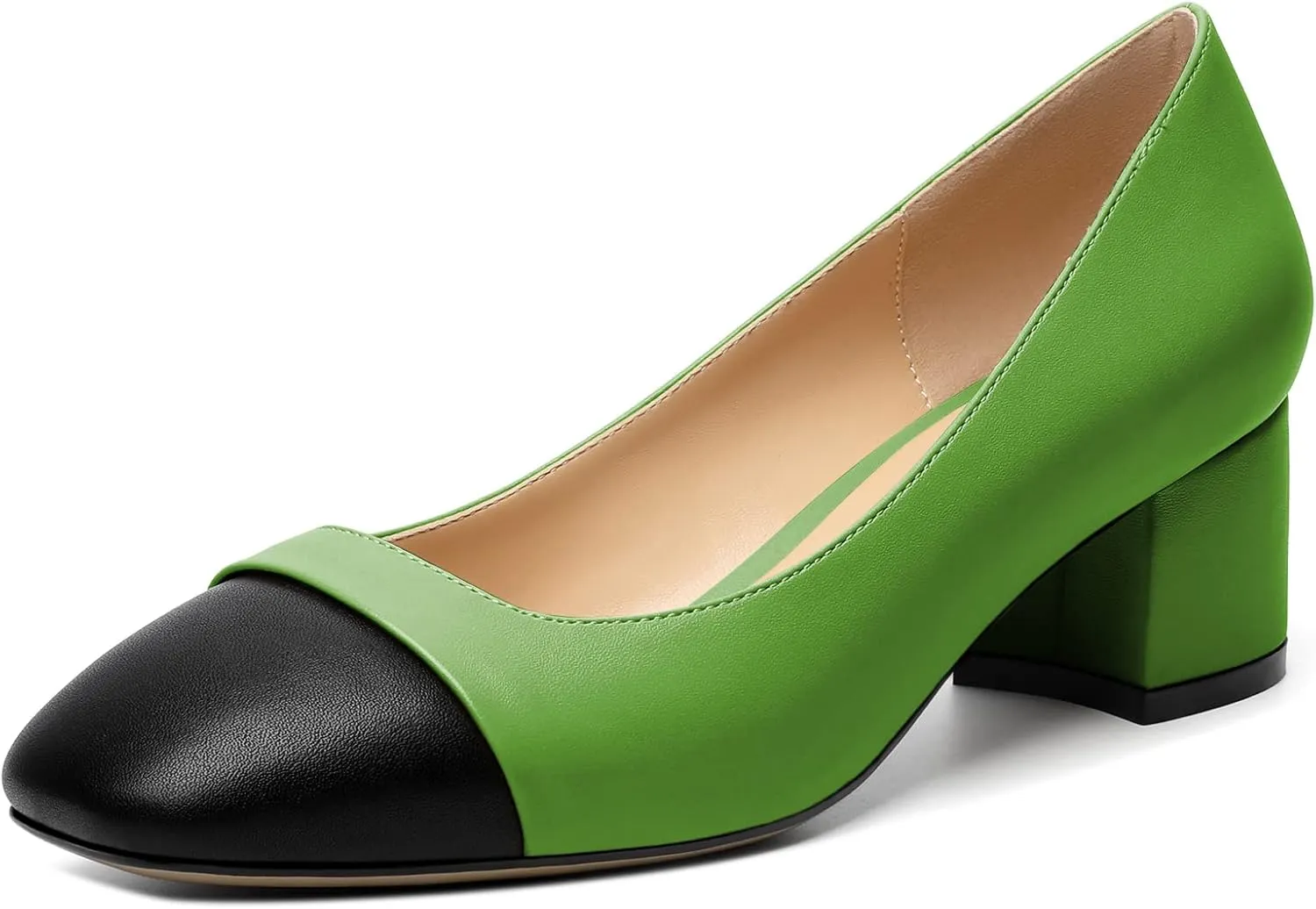 Zamikoo Women's Square Toe Block Heel Pumps, Slip on Chunky Low Heels, Cap Toe Classic Dress Shoes for Office Wedding Event Evening 2 Inches