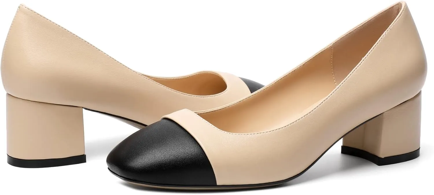 Zamikoo Women's Square Toe Block Heel Pumps, Slip on Chunky Low Heels, Cap Toe Classic Dress Shoes for Office Wedding Event Evening 2 Inches