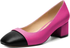 Zamikoo Women's Square Toe Block Heel Pumps, Slip on Chunky Low Heels, Cap Toe Classic Dress Shoes for Office Wedding Event Evening 2 Inches