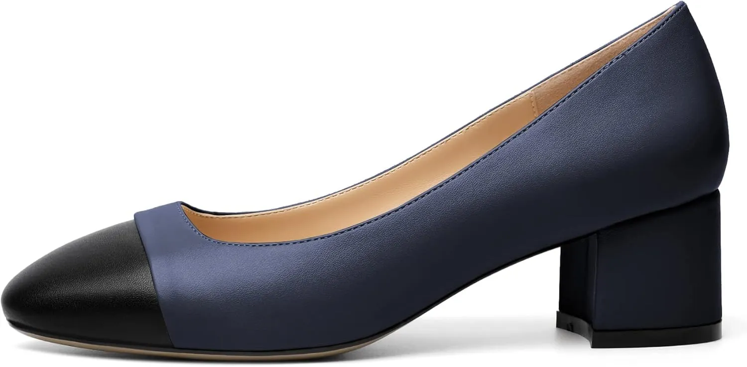 Zamikoo Women's Square Toe Block Heel Pumps, Slip on Chunky Low Heels, Cap Toe Classic Dress Shoes for Office Wedding Event Evening 2 Inches